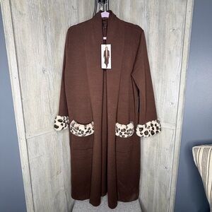 MaxSport Longline Cardigan Sweater with Faux Fur Leopard Cuffs